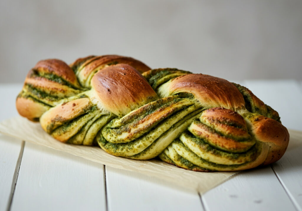 Pletený kysnutý chlieb s pestom.