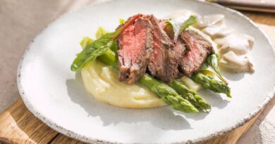 Hovädzí steak so zemiakovým pyré, špargľou a hubovou omáčkou.